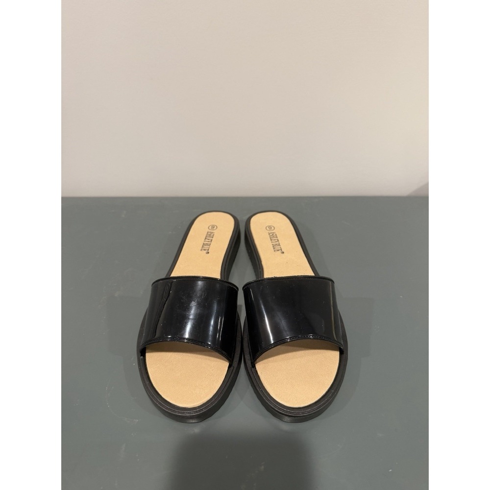 Ashley Blue Black Faux Patent Leather Slip On Sandals Slides Womens Size 9 025